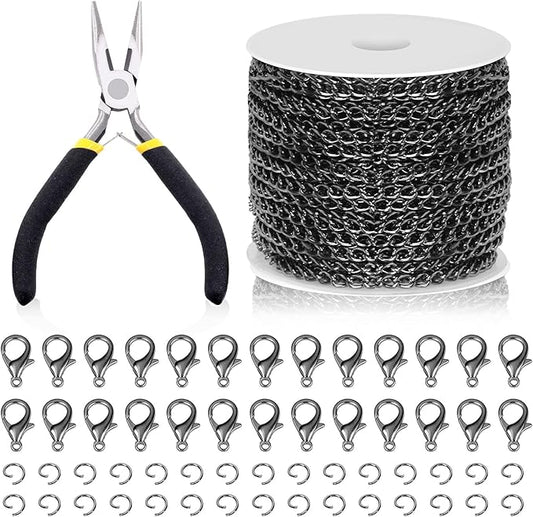 Swpeet 102Pcs Gun Black 3mm by 10 Yard Length Jewelry Making Chains Kit with Jump Rings, Lobster Clasps and Jewelry Plier, Necklace Chains Flat Cable Link Chain Bulk Ideal for DIY Craft Jewel Making