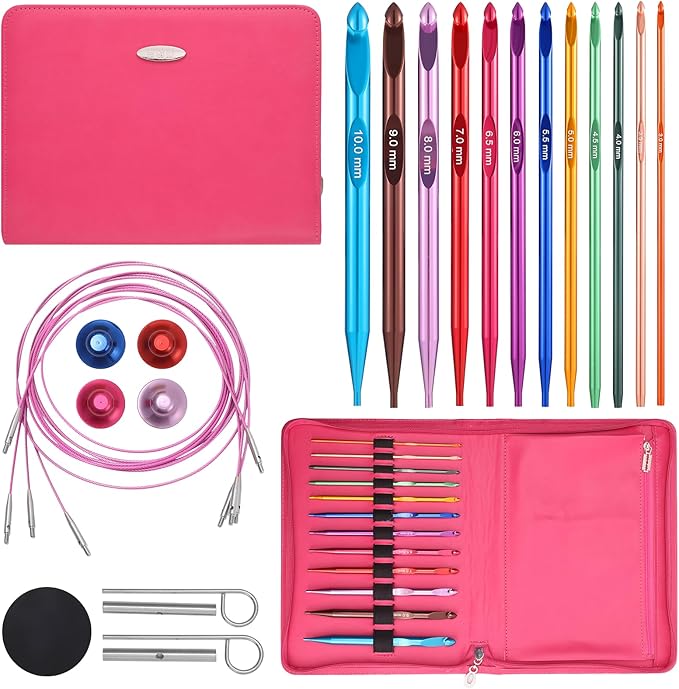 AIYUNDI Tunisian Crochet Hooks Set with Cable, 6-Inch Aluminum Interchangeable Crochet Hooks 3mm-10mm, Long Crochet Hooks, Lightweight, Anti-Twist Swivel Cables, Ergonomic, Multicolor 26 PCS