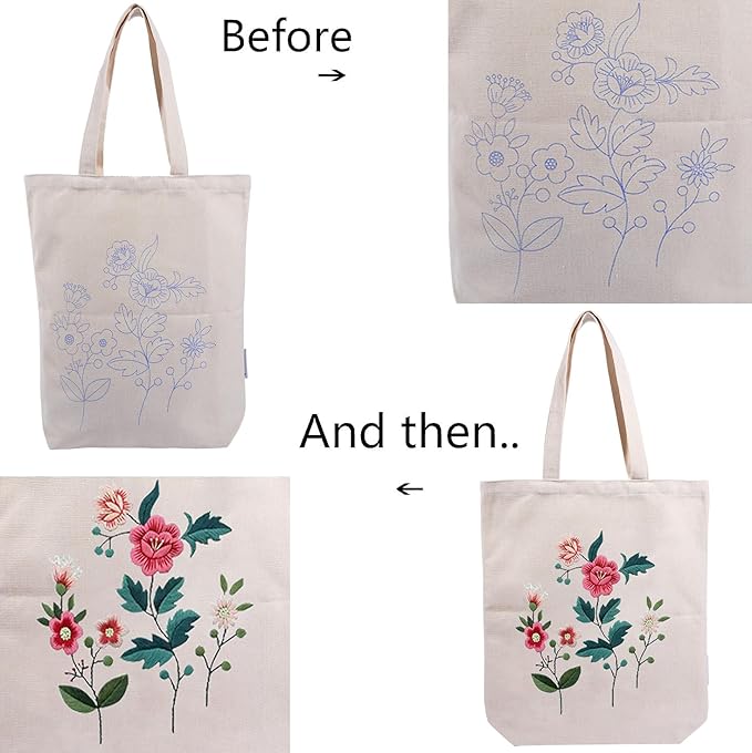 CREAWONDER Canvas Tote Bag Embroidery Kit with Pattern for Beginners, Arts and DIY Embroidery Crafts Kits for Adults, Include Instructions, Thimble, Embroidery Hoops, Color Threads and Tool