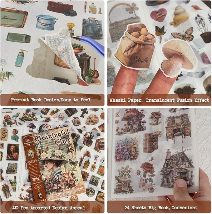 Large 24 Sheets Pre-Cut Journal Sticker Book for Junk Journal Supplies, 452pcs Vintage Washi Stickers for Journaling, Scrapbooking, Collage Materials, Bujo, Planners, Art Crafts