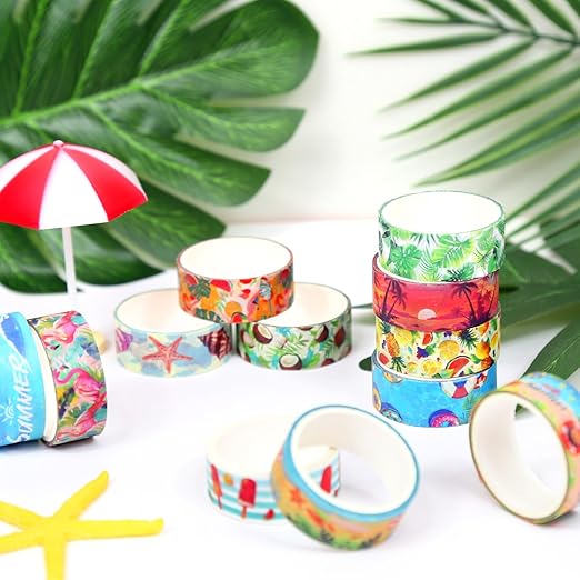 Summer Washi Tape Set,12 Rolls Hawaii Beach Holiday Decorative Tape Flamingo Tropical Leaves Coconut Watermelon Pineapple Masking Tape for Journaling Supplies, Gift Wrapping, DIY Art&Crafts