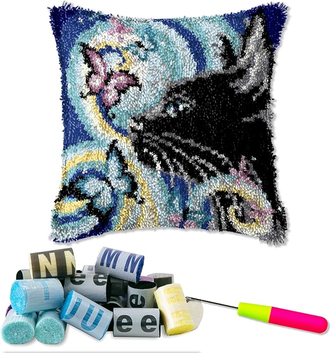 DL-YTG Latch Hook Kits Pillow Black Cat Left Crochet Yarn Cushion Colour Pre-Printed Canvas Rug Needlework DIY Pillowcase Hook and Latch Kit Christmas Home Crafts Sofa Decoration 42x42cm/16X16inch