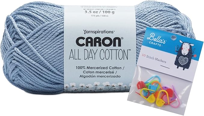 Caron All Day Cotton Yarn - 100g/3.5oz - 100% Mercerized Cotton - 173 Yards Bundle with Bella's Crafts Stitch Markers (Eyes Blue)