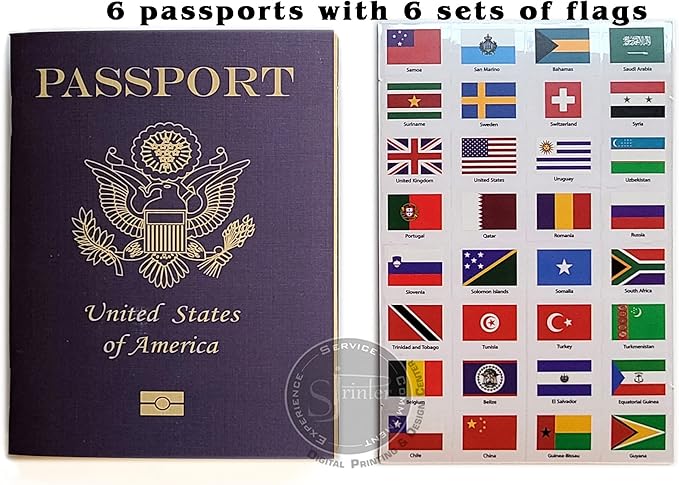 SJPRINTER Blank Passport Notebook | Pretend Passports | School Projects, Party favors, airplane toy, travel journal, geography, classroom social study (6Passports_6SetsFlags)
