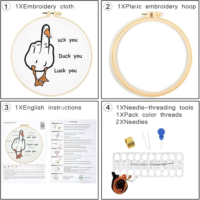 Middle Finger Duck Embroidery Kits for Beginners Adults, Funny Embroidery Starter Kits, Counted Cross Stitch Kits for Beginners DIY Craft Kits for Adult Women, Embroidery Hoop, Thread & Video Tutorial