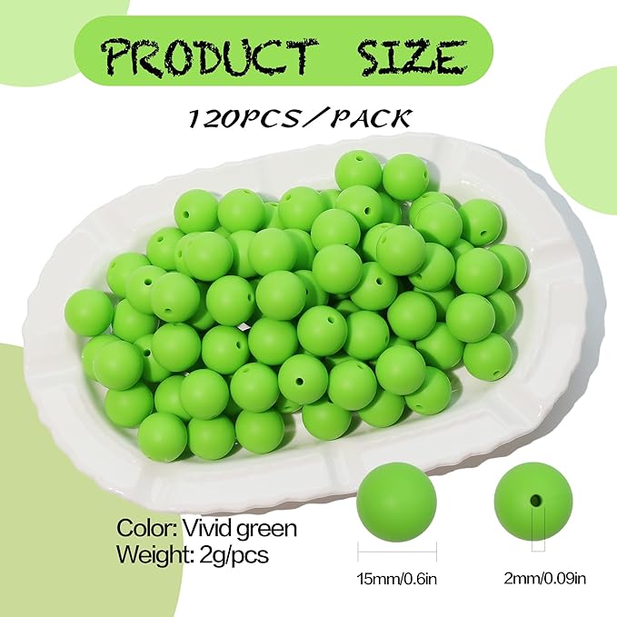 120pcs Richbunnys 15mm Bulk Silicone Beads for Pens and Keychain Making,Large Bead for Necklace and Bracelets Making,Assorted Rubber Beads Set（Vivid Green）