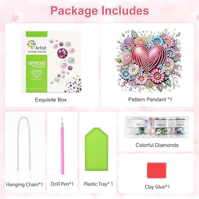 Valentine's Day Diamond Art Hanging Ornaments Kits for Adults, Heart Flower Diamond Painting Pendant Kits, DIY Acrylic 5D Special Shaped Crystal Gem Art Painting Ornament for Home Wall Decor Gift