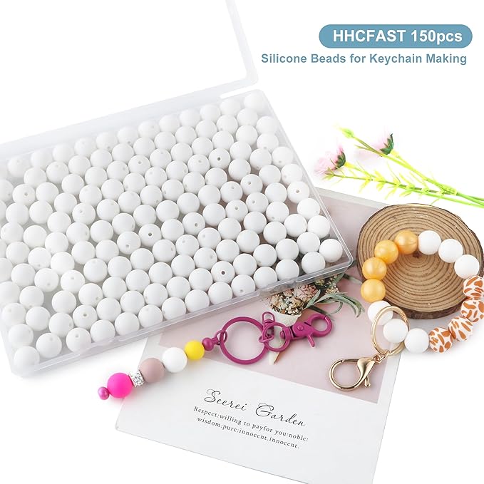 150Pcs 15mm Silicone Beads for Keychain Making Bracelet Necklace, Bulk Round Silicone Beads for Pens（White）