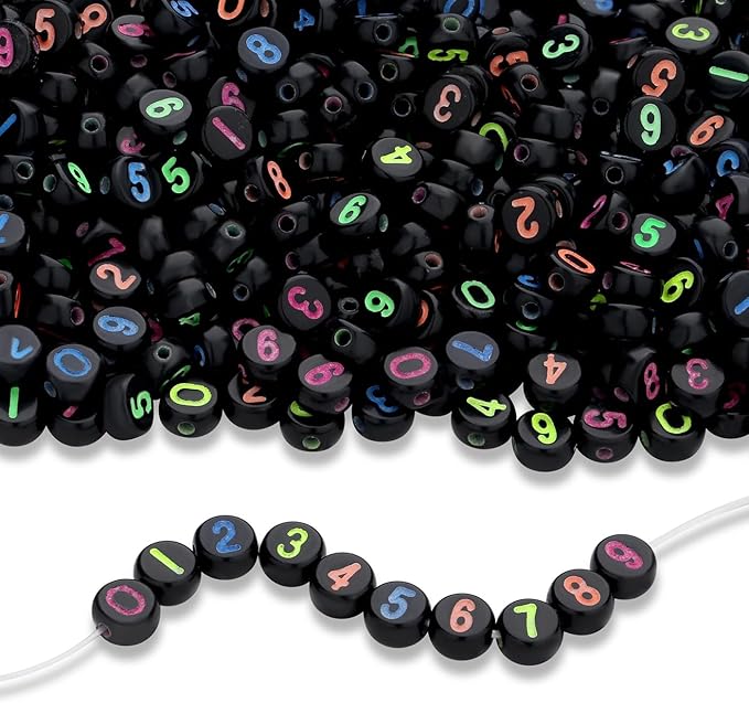 LAIDANLA 1000PCS Acrylic Number Beads Colorful Number Black Round Bead 7×4mm for Jewelry Bracelets Necklaces Key Chains Making