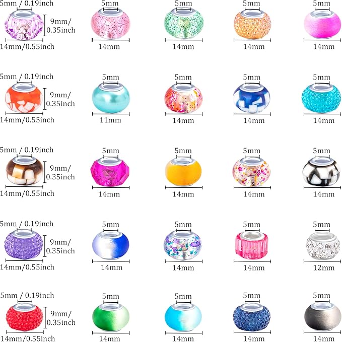 520 Pcs Large Hole Spacer Beads Assortment European Craft Beads Large Hole Colorful Rhinestone Lampwork Big Beads Fairy Garden Bead for DIY Pens Bracelet Necklace Keychain Jewelry Making Supplies