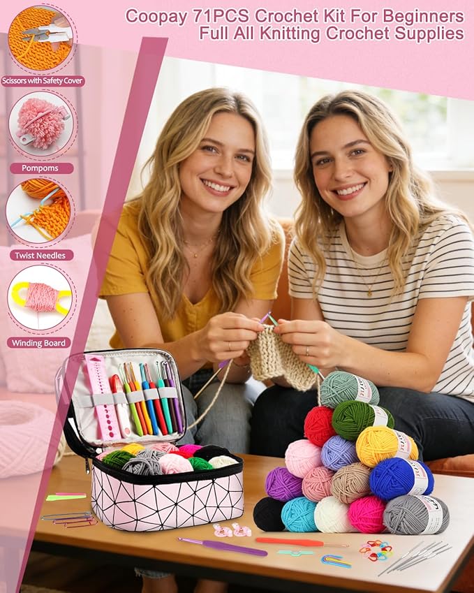 coopay crochet kit for beginner adult, 16 colors yarn crochet animal kit with instructions, portable crochet starter kit double-layer crochet beginners set full knitting crochet accessories