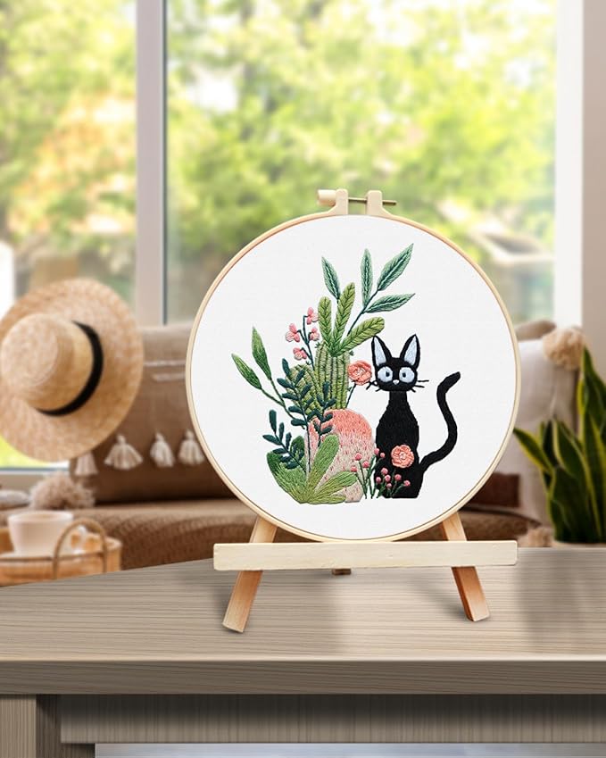 TINDTOP Embroidery Kit for Beginners Adult, Cat Embroidery Kit for Beginners Include Embroidery Cloth Hoops Threads for Craft Lover Hand Stitch with Embroidery Skill Techniques