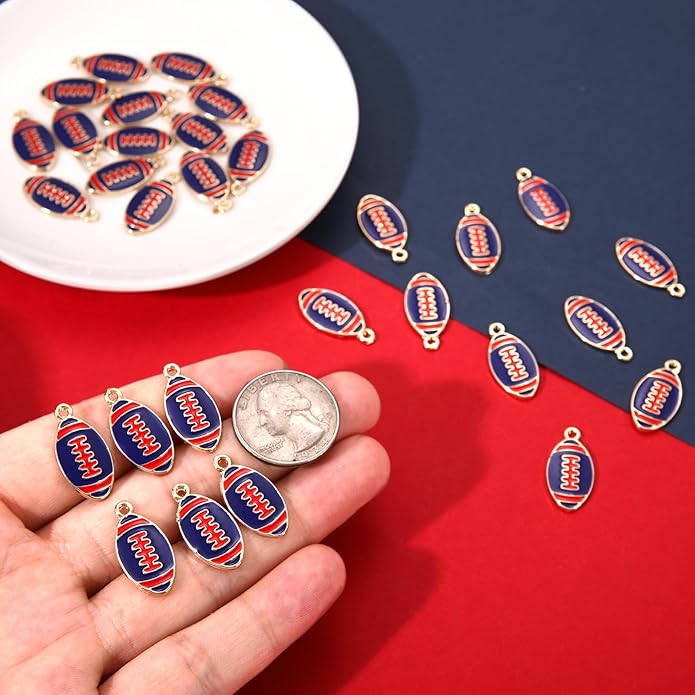 NVENF 30PCS Football Charms for Jewelry Making, Enamel Football Charms for Bracelet Necklace Earrings Making, Red Black White Blue Purple Orange Game Day Football Charm Bulk