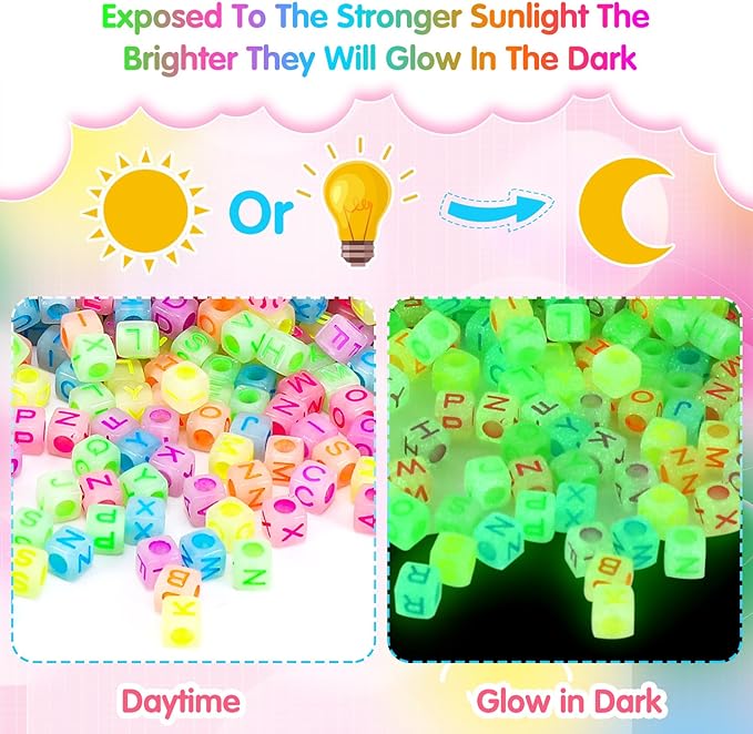 Augshy 1400pcs Glow in The Dark Square Acrylic Alphabet Beads Bracelet A-Z Cube Letters Beads for Bracelets Necklaces Phone Lanyard Making with 1 Roll Crystal String Cord for Jewelry Making(6 mm)