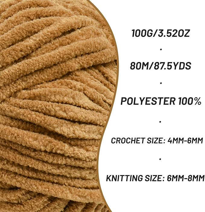 3 Pack Fluffy Chenille Yarn for Crocheting, Chunky Velvet Yarns for Crochet Amigurumi, Baby Yarn for Crocheting Soft Blanket, 262.4yds /10.5 oz Bulky Yarns for Crafts/Hats/Shoes/Socks (3 Brown)