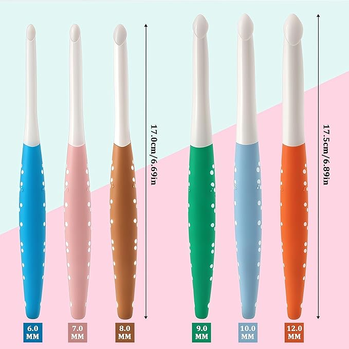 Looen Ergonomic Crochet Hook Set, 6 Pack with Soft Grip for Comfortable Knitting, Large Crochet Hooks for Chunky Yarn, Crochet Accessories & Tools for Crafters, Sizes include 6mm 7mm 8mm 9mm 10mm 12mm