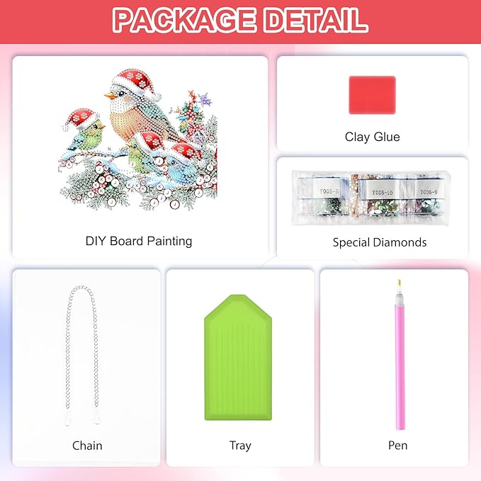 QENSPE Christmas Birds Diamond Art Hanging Kits for Adults with Chain, 5D Special Shape Berries Diamond Paingting Ornaments Kits,Easy DIY Crystal Pendant Gem Art for Home Garden Wall Decor 8X8 inch