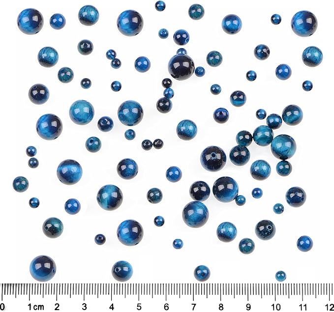 bymitel 90pcs crystal beads stone gemstone round energy healing loose beads with stretch cord for jewelry making bracelets anklets (blue zircon tiger's eye, 10mm 90pcs)