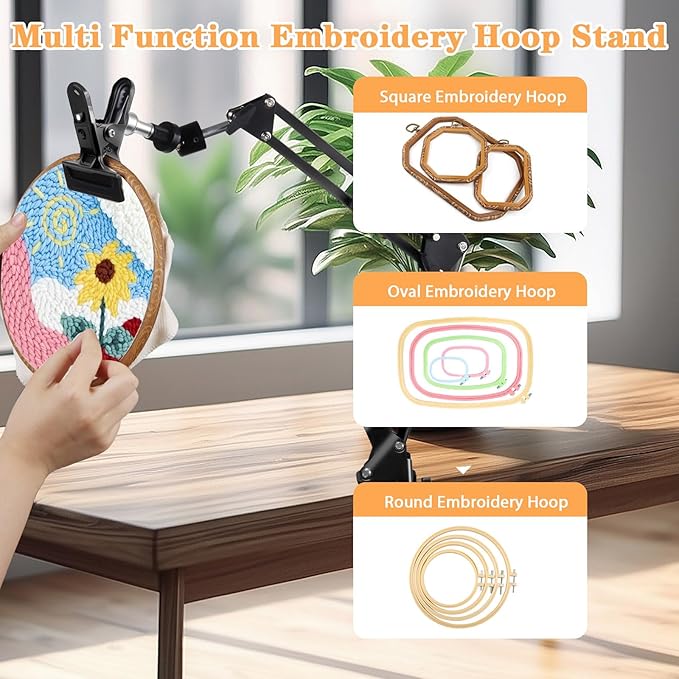 adjustable hand embroidery hoop stand,black cross stitch hoop holder with 360° rotation,3-in-1 hoop/tablet/phone stand hand free,needlepoint hoop stand,cross stitch stand suitable for embroidery hoops
