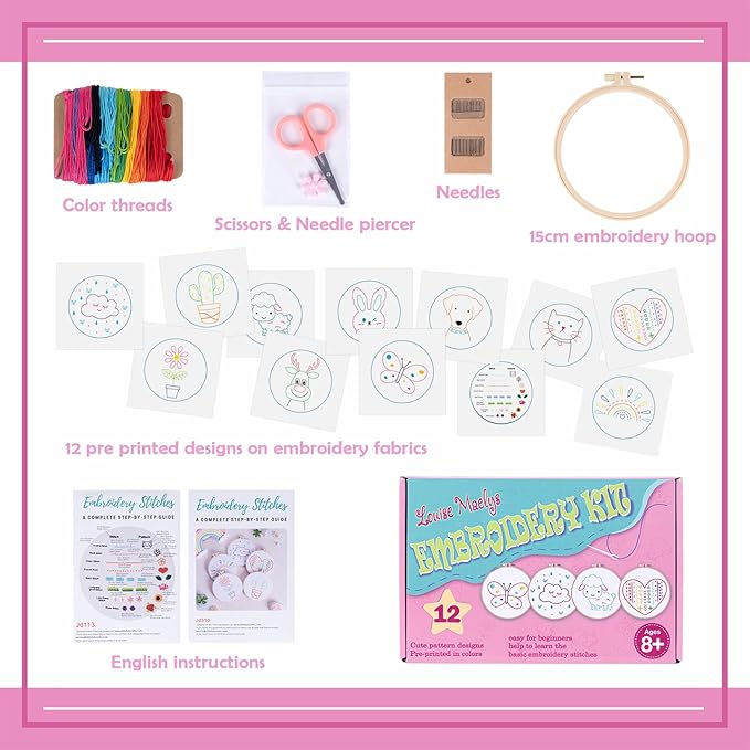 Louise Maelys 12 Pre-Stamped Embroidery Kits for Beginners, Cross Stitch for Kids Girls,DIY Needlepoint Craft Sewing,Practice Kit Supplies,Funny Cute Pattern,Perfect for Ages 8-12