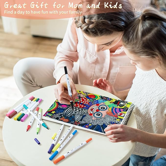 Dual Brush Marker Pens for Coloring Books, Tanmit Fine Tip Coloring Marker & Brush Pen Set for Journaling Note Taking Writing Planning Art Project