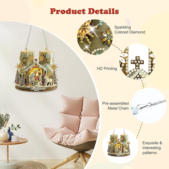 HEIBAGO Nativity Scene Diamond Art Hanging Kits for Adults Kids, 5D Special Shaped Crystal Diamond Painting Kit, DIY Pattern Window Pendant Gem Art Kit for Home Wall Decor 8.3 x 8.3 Inch