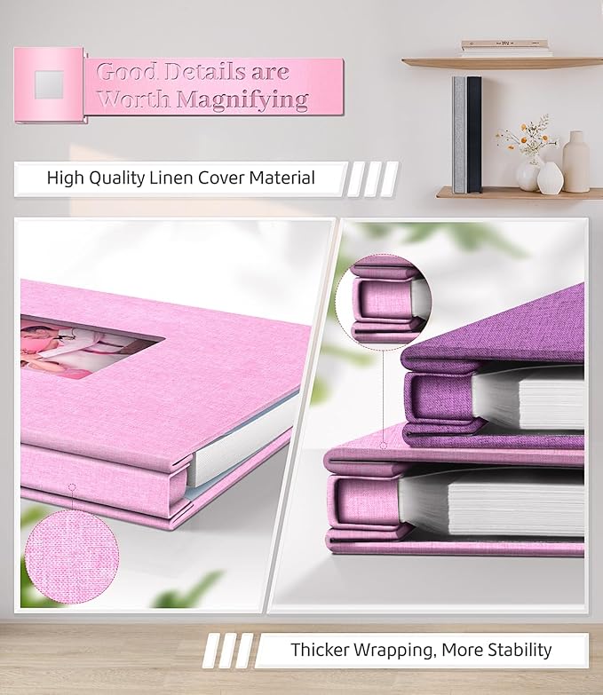 Photo Album Self Adhesive Scrapbook Album for 3x5 4x6 5x7 8x10 Pictures,40 Pages Linen Cover with Display Window DIY Photo Book,Ideal Gifts for Family Travel Wedding Baby