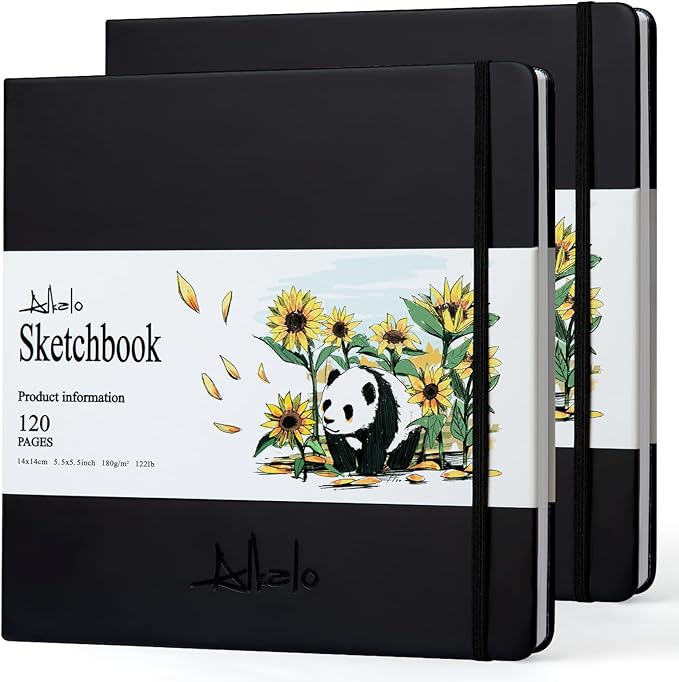 ALKALO Square Sketchbook for Drawing, 120 Pages Sketch Book, 122LB/180GSM Thick Paper, Mixed Media Sketchbook for Charcoal Pencil, Inks Pen, Colored Pencil, Acrylic Marker, Oil Pastel