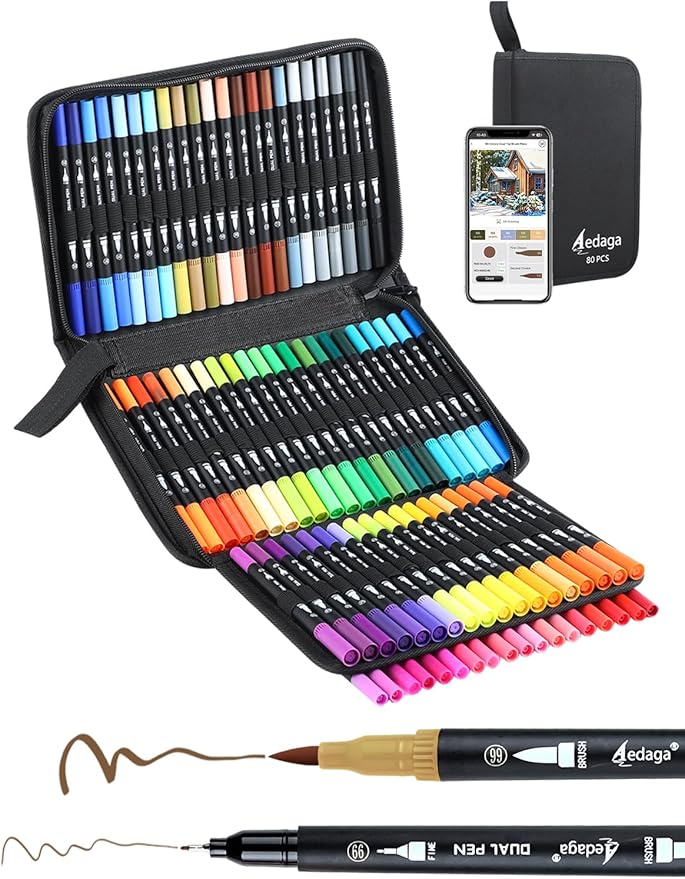 80 Colors Dual Brush Markers, Fine and Brush Tips Numbered Pens with App, for Adults, Coloring Book Bullet Journaling Note Taking Planner Hand Lettering Calligraphy Drawing Art Supplies Kit