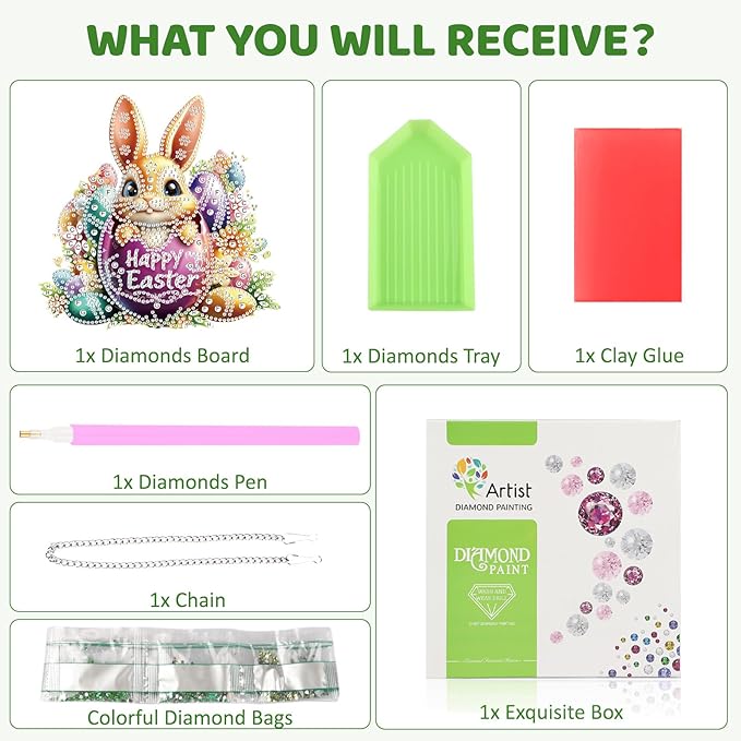 MEIYUDA Easter Bunny Diamond Art Hanging Kits for Adult, Happy Easter Diamond Painting Hanging Kits Ornaments, DIY Colorful Egg Special Shaped Rhinestone Window Pendant for Home Garden Wall Decor Gift