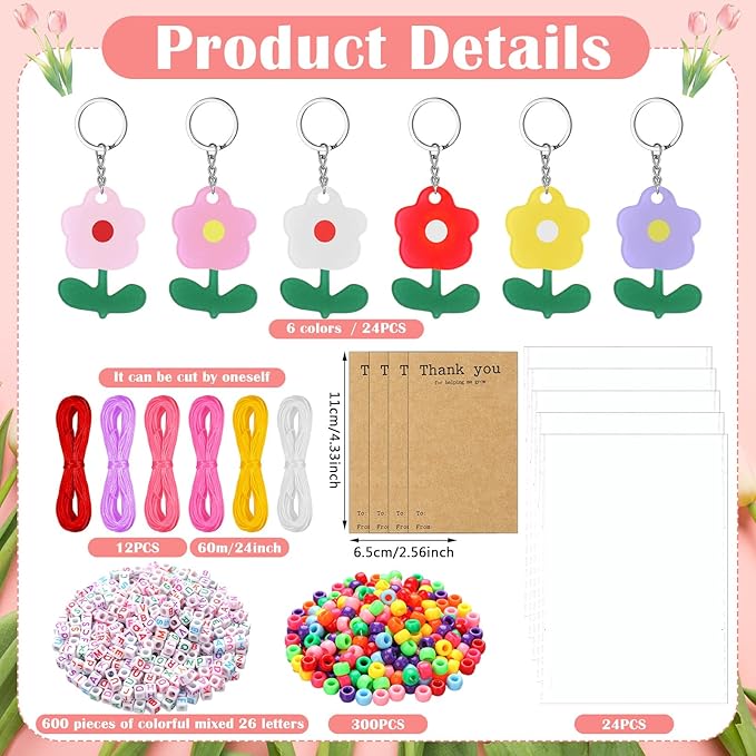 Suncalla 984 Pcs 24 Set Teacher Appreciation Gifts Keychain Making Kit DIY Cute Flower Charm Beads Key Chain Crafts Thank You for Helping Me Grow Adjustable Letter Cards Strings Kit Teacher Day Gift