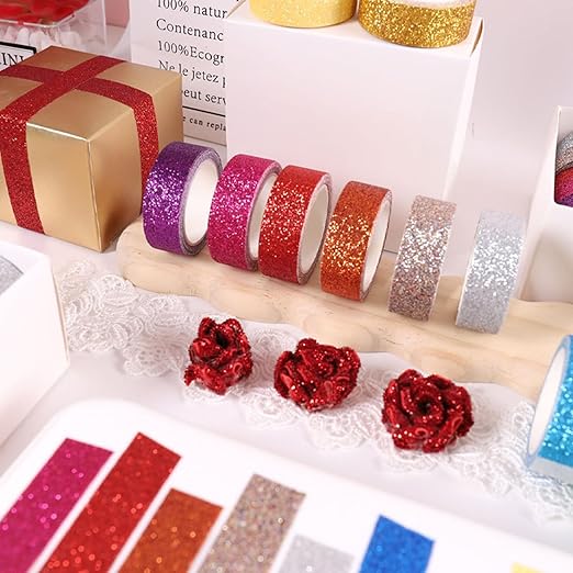 12 Rolls Glitter Washi Tape Set – 15mm Rainbow Colored Masking Tape, Sparkle Decorative Tape for DIY, Art, Scrapbook Tape, Decor & Crafts