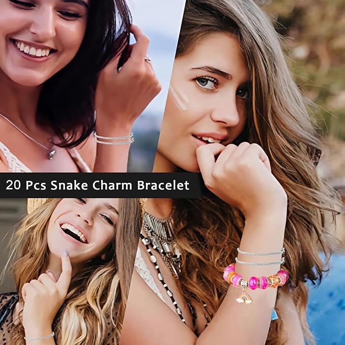 10 Pcs Snake Chain Charm Bracelet Chains with Bracelet Helper 3mm Adjustable Snake Charm Bracelet with Heart Lobster Clasp Extender Chain DIY Bracelet Chains for Women Gifts Jewelry Making Supplies