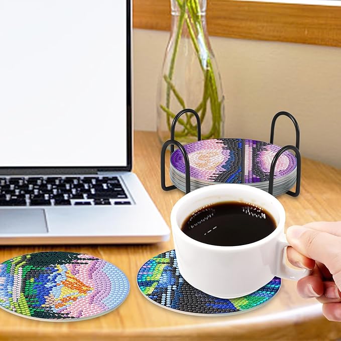 UPINS 8 Pcs Diamond Art Painting Coasters with Holder,Landscape DIY Diamond Art Paintings Coaster Kits Drink Coasters for Birthday Presents Beginners Craft Supplies Adults