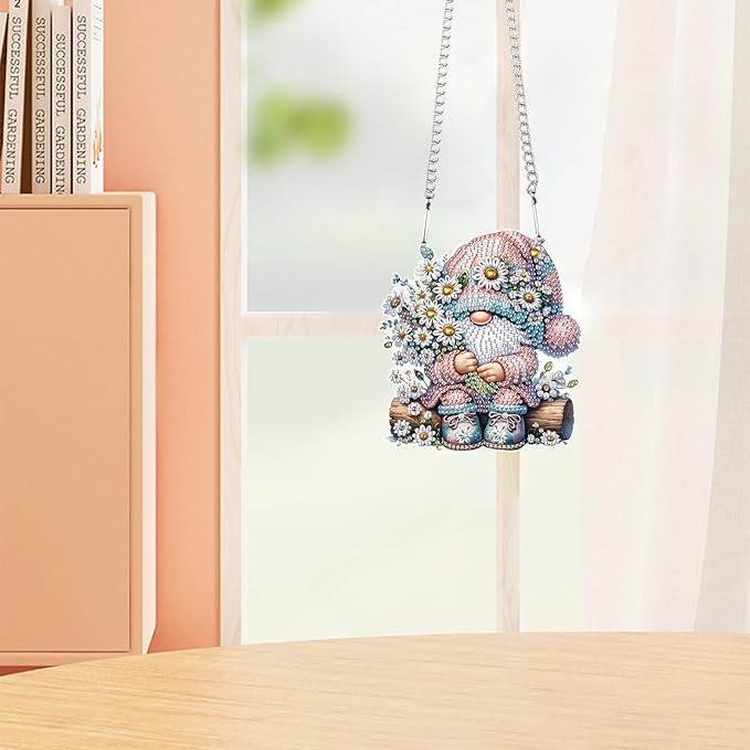 DIY 5D Diamond Painting Hanging Ornament Gnome with Daisy Flowers, Floral Crystal Rhinestone Diamond Art Pendant for Home, Wall, Window, Garden, and Gift