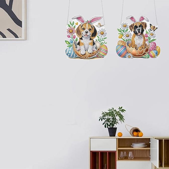 TDFERAN Puppy Dog Diamond Art Painting Hanging Pendant 2 Kit Animal Diamant Acrylic Cute Puppy Ornaments Diamond Pendant for Adult Home Entrance Window Decor Gemstone Handmade Crystal Puzzle