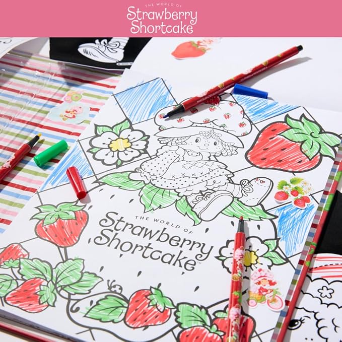 Strawberry Shortcake Coloring Book for Adults and Kids, Black & White Sheets, Velvet Coloring Pages, Stickers, Washable Markers