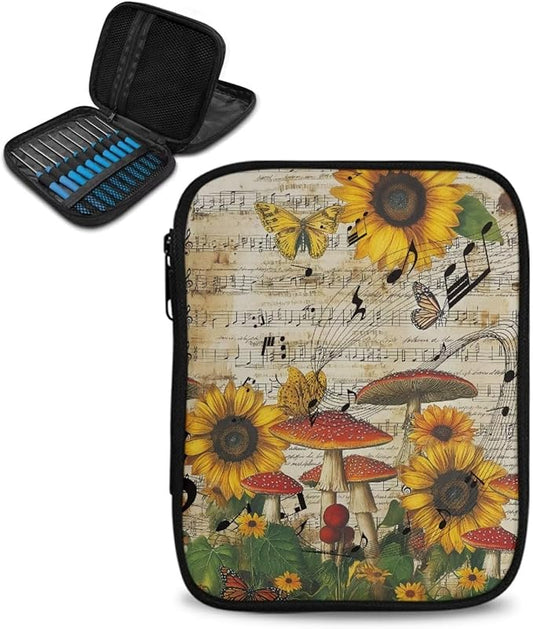 Hechitok Sunflower Mushroom Crochet Hook Case, Organizer Zipper Bag with Web Pockets for Various Crochet Needles and Knitting Accessories, Well Made and Easy to Carry