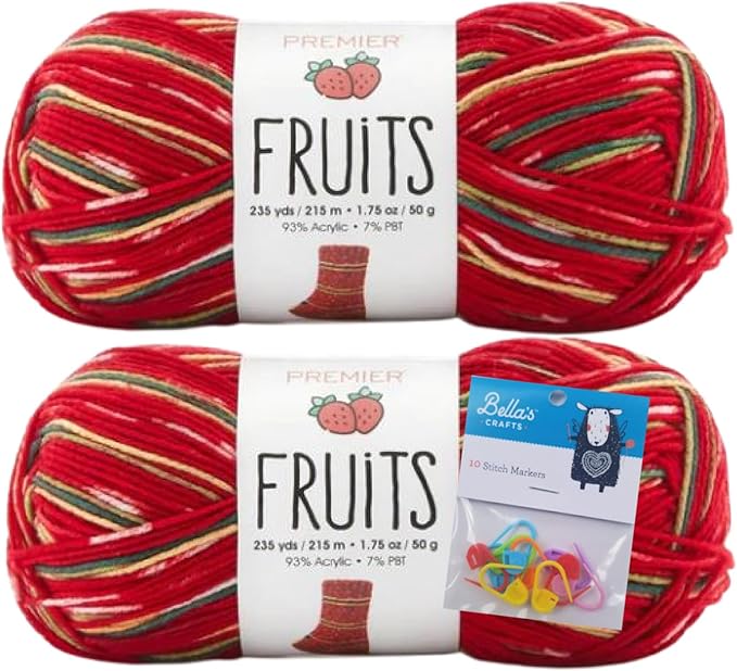 Premier Yarns Fruits, Acrylic Sock Yarn, 2-Pack Bundled with Bella's Crafts Stitch Markers (Strawberry)