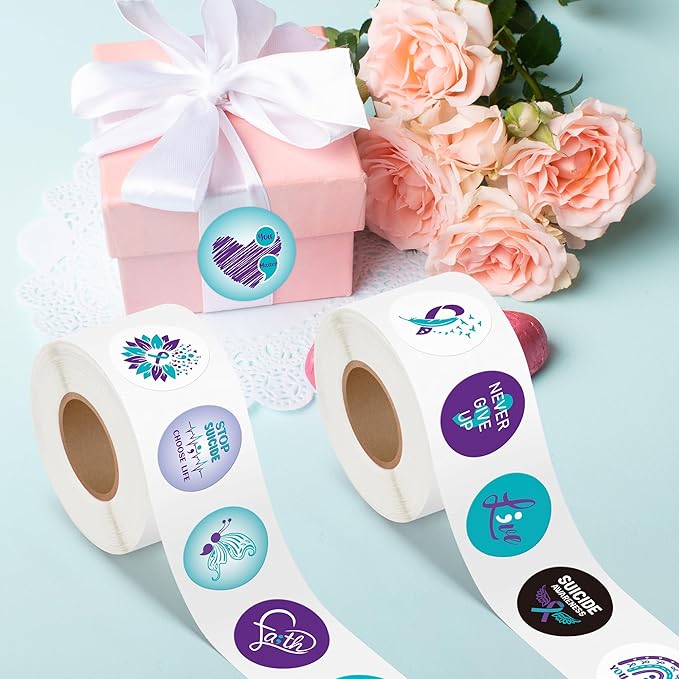 beyumi suicide awareness roll stickers - 1000pcs suicide prevention awareness stickers in 2 rolls waterproof vinyl teal purple ribbon decals laptop bottle notebook luggage gift decor for kids teens