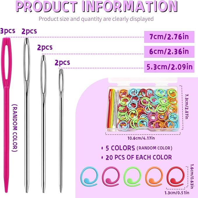 Lokunn 100 Pcs Metal Stitch Markers, 5 Color Helical-Shaped Crochet Markers Ring, 9 Pcs Large Eye Blunt Sewing Needles with Storage Box for DIY and Craft Sewing