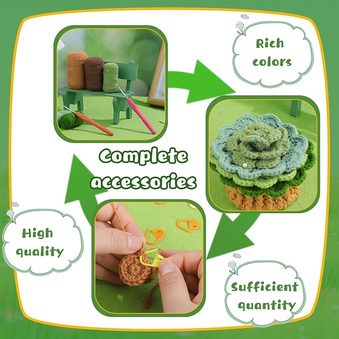 LUNARM Crochet Kit for Beginners, Crochet Start Kit Green Plant Coasters with Step-by-Step Video Tutorials, Easy-to-Learn Knitting with Hook and Yarn, Beginner-Friendly