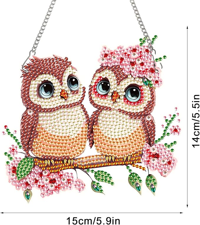 AiYuanzsh Owl Couple Diamond Art Hanging Ornament, 5D DIY Special Shape Diamond Painting Suncatcher Kit for Adults, Handmade Mosaic by Number Pendant Gift for Valentine’s Day