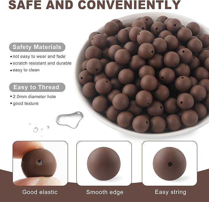150 Pcs Silicone Beads, 15mm Round, Chocolate, for Keychain, Bracelet, Necklace Making and Pens