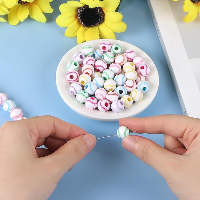 100pcs Baseball Beads with 5.5 Yard Elastic Rope,Acrylic Softball Bead Sports Beads DIY Spacer for Necklace Bracelet Keychains Handmade Jewelry Making Accessories,12mm(Rainbow Baseball)