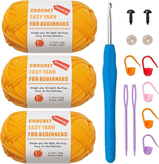 Crochet Yarn for Beginners, 3 Pack1.8 oz Yellow Amigurumi With Easy-to-See Stitches and No Split, Worsted Medium #4, Cotton-Nylon Blend, Thick & Soft