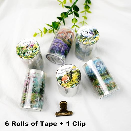 6 Rolls Scenic Landscape PET Tape, Seamless Countryside and Mountain Views Decorative Scrapbook Supplies for Journaling Planners and Creative Crafting