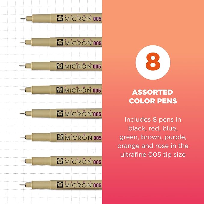 SAKURA Pigma Micron 005 8 Color Set Water Based Pigment for Illustration - Holiday Gifts for Artists, Crafters & DIY Gifts Projects