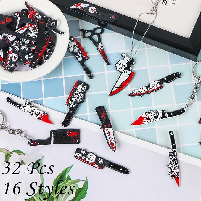 32 Pcs Fake Knife Charms, Halloween Charms Pendant Mini Resin Knives Bead for Women DIY Jewelry Making Crafting Halloween Fake Knives Flower Charms with Box, 16 Styles
