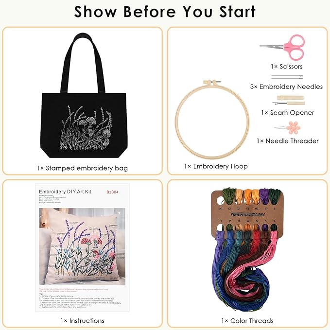 ERKOON Canvas Tote Bag Embroidery Kit for Beginners, Floral Arts Crafts Cross Stitch Kits for Adults Including Stamped Embroidery Bag with Hoops, Needle, Instruction and Color Threads (Lavender)